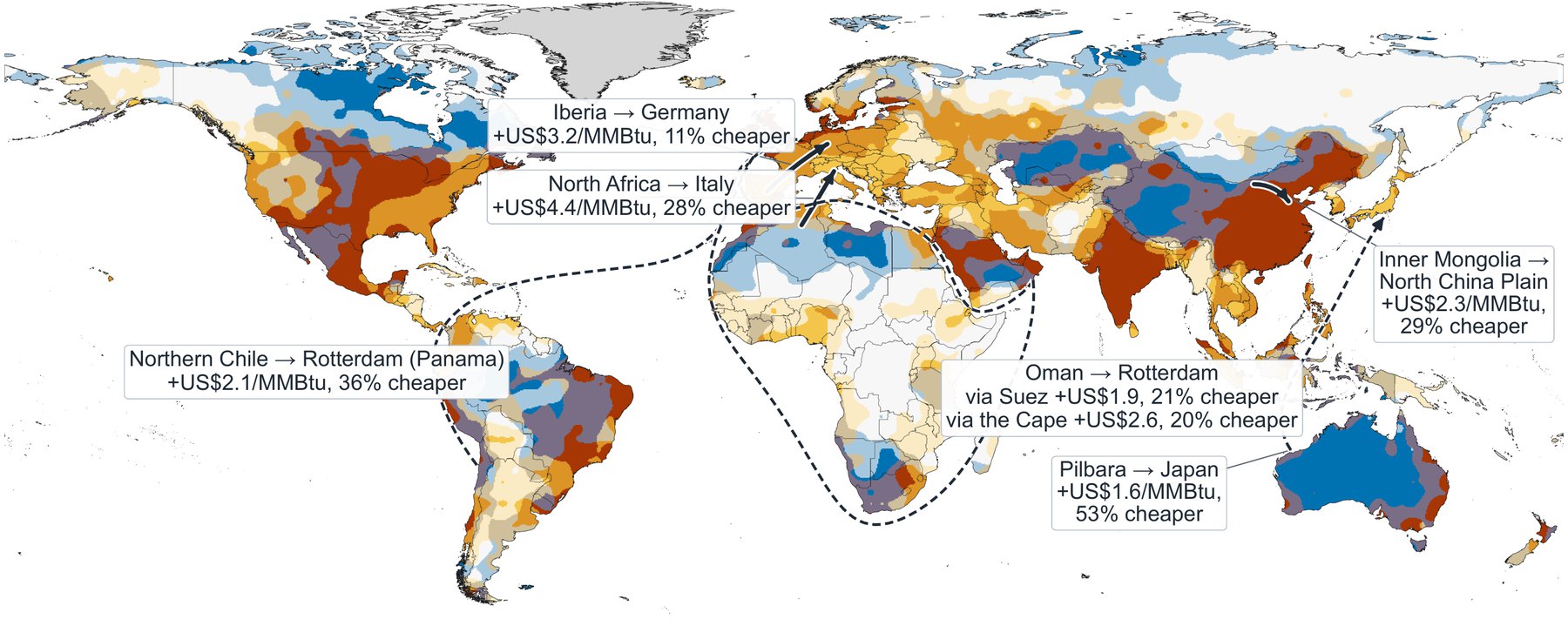 World map of the cheapest secure synthetic-fuel supply corridors, with routes and cost premiums